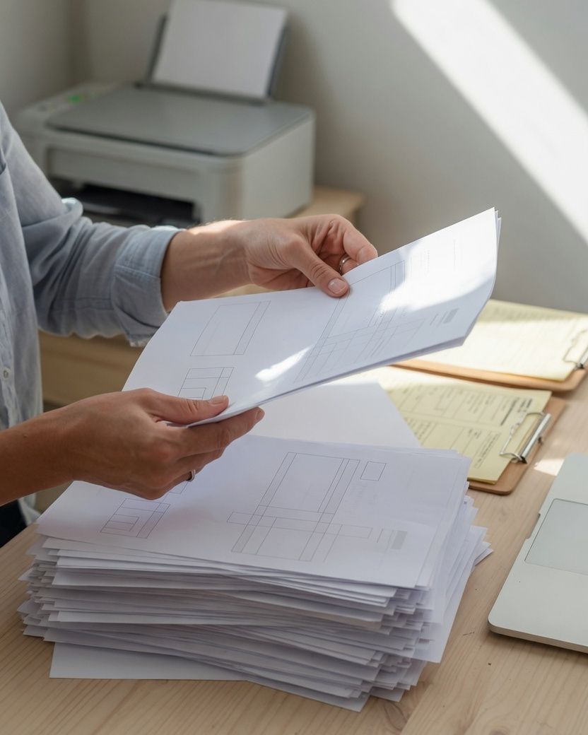 Hands sorting a tall stack of printed forms at an office desk beside a printer.