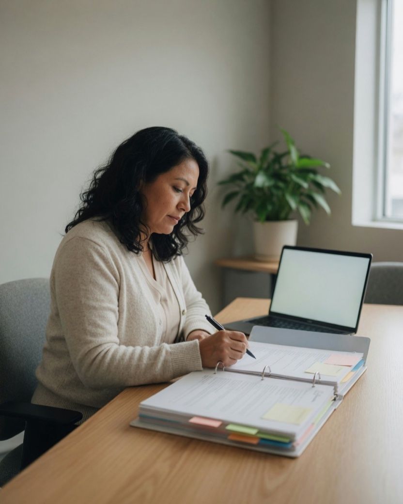 Woman editing a tabbed proposal binder with a pen, a laptop open beside her.