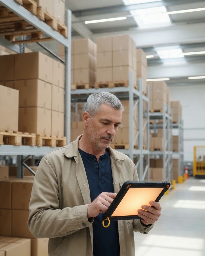 Warehouse supervisor holding a tablet between shelving racks.