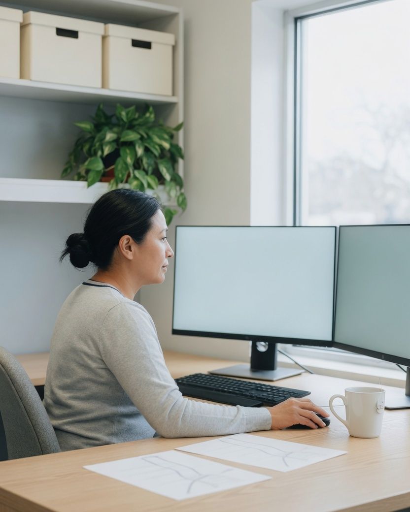 Operations manager at a desk with two monitors and printed process sketches.